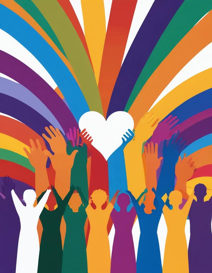 A colorful and inclusive representation of diverse LGBTQ+ individuals standing together, each embodying different identities and styles, surrounded by a spectrum of rainbow colors flowing like a river. In the background, abstract symbols of love and acceptance, like hearts and intertwining hands, create a warm ambiance. The scene radiates joy and unity, encouraging viewers to embrace their truth. vibrant colors. super-realistic. white background.