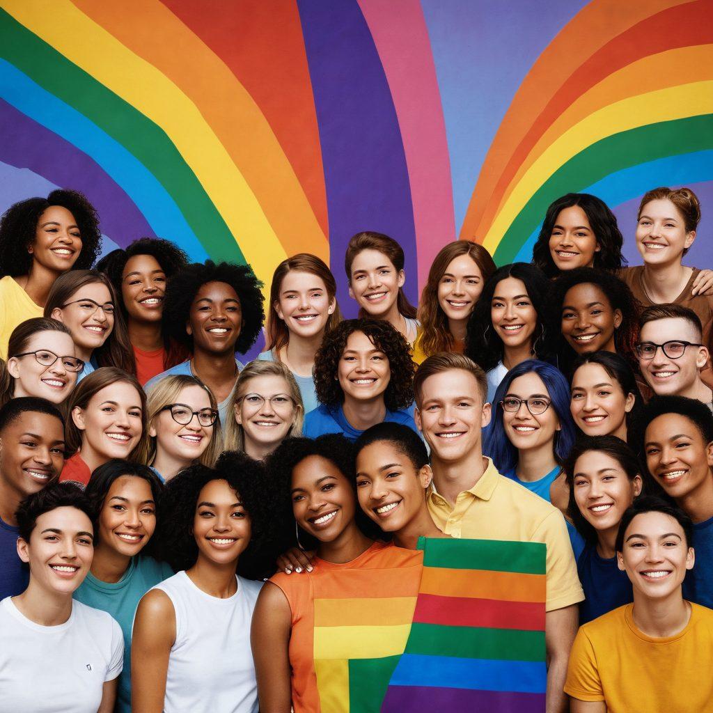 A vibrant and colorful spectrum representing the LGBTQ+ flag as a backdrop, with diverse individuals of different ethnicities, genders, and ages embracing one another, showcasing unity and acceptance. Include symbols of advocacy, like rainbow signs and protest banners, to highlight the journey from self-acceptance to active support. The individuals are smiling and radiating positivity, captured in a warm and inviting atmosphere. painting. vibrant colors. uplifting mood.