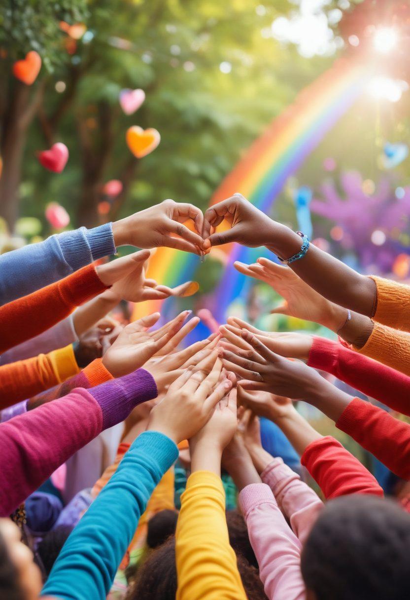 A vibrant community gathering in a colorful park setting, with diverse individuals of various backgrounds engaging, laughing, and sharing stories amidst rainbow decorations. Add elements symbolizing support, like hands reaching out and heart shapes floating around. The atmosphere should convey inclusivity, warmth, and joy. bright colors. super-realistic. soft focus.
